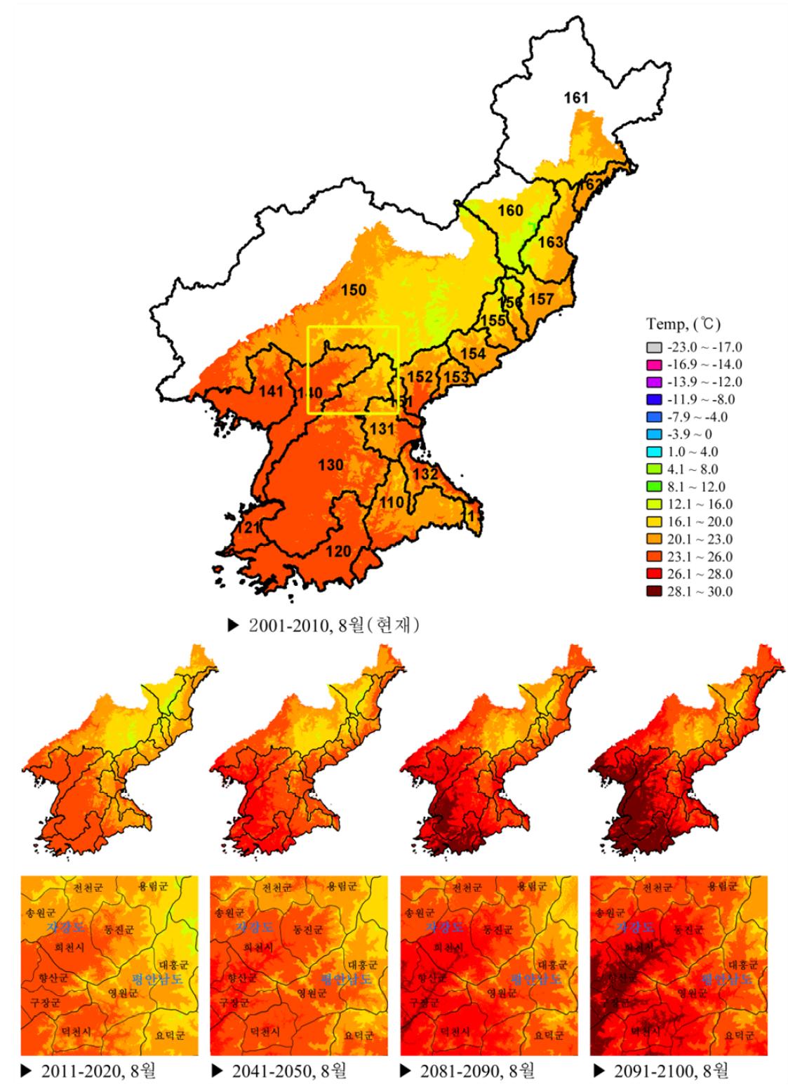 북한지역 10년 간격 미래시나리오에 따른 8월 평균기온 분포도