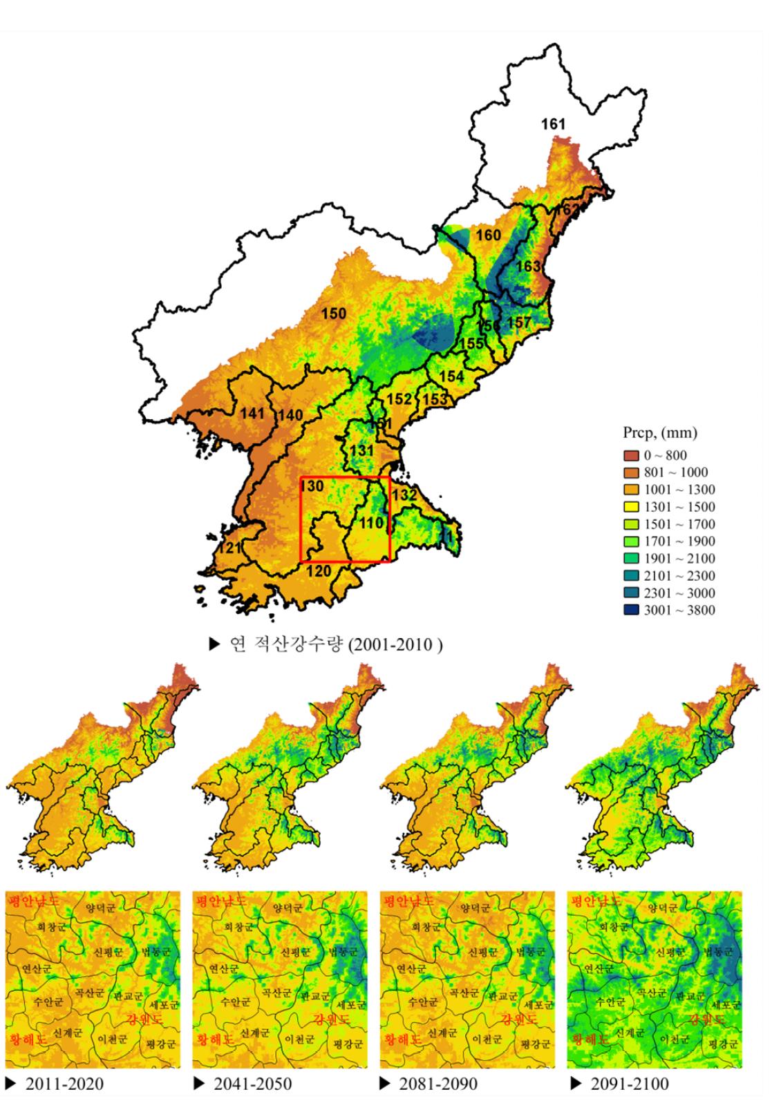 북한지역 10년 간격 미래시나리오에 따른 연 적산강수분포도