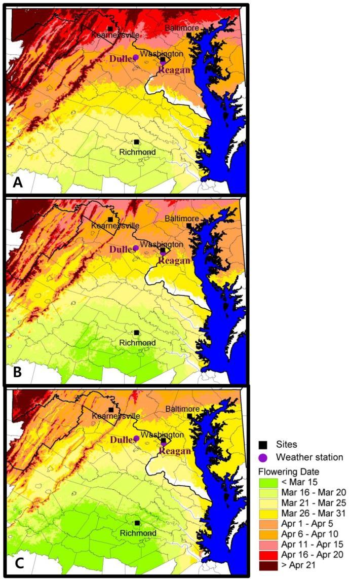 The projected mean PBDs of Yoshino cherry trees (Prunus x yedoensis) under SRES A1B scenario in Washington D.C. and surrounding area for the three climatological normal years 2010–2039 (A), 2040–2069 (B), and 2070–2100 (C), respectively.