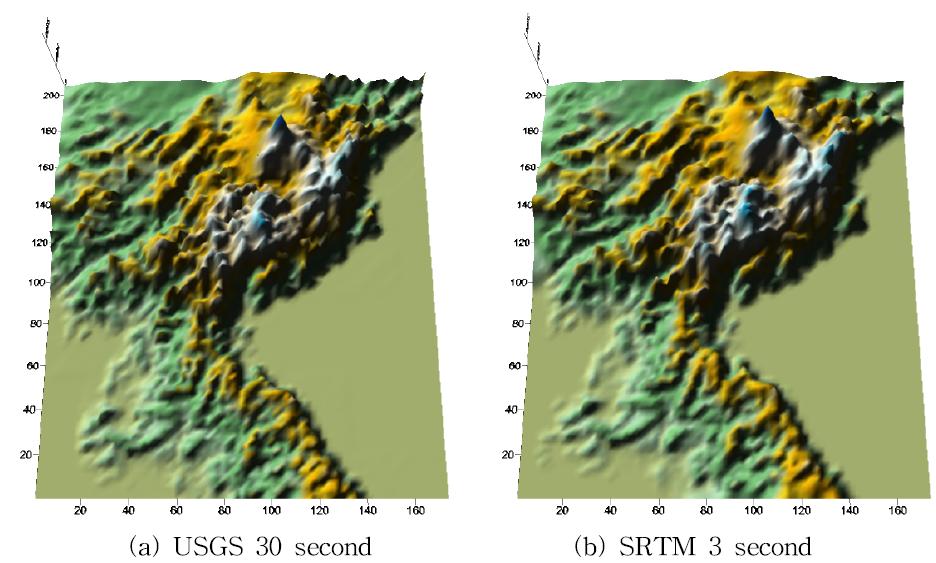 북한 지역에 대한 3차원 지형도 비교 (a)USGS-30초, (b) SRTM-3 초