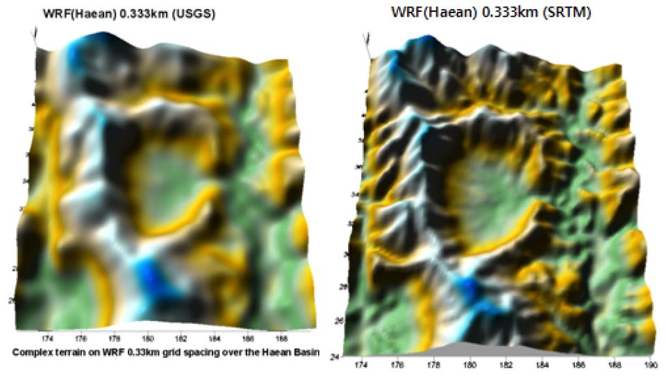 해안지역에 대한 3차원 지형도 비교 (왼쪽: USGS, 오른쪽: SRTM)