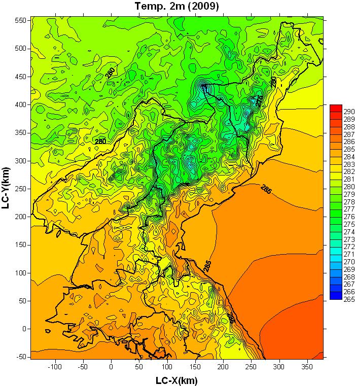 북한지역에 대한 2m 높이의 연평균 수평기온 분포(2009년)
