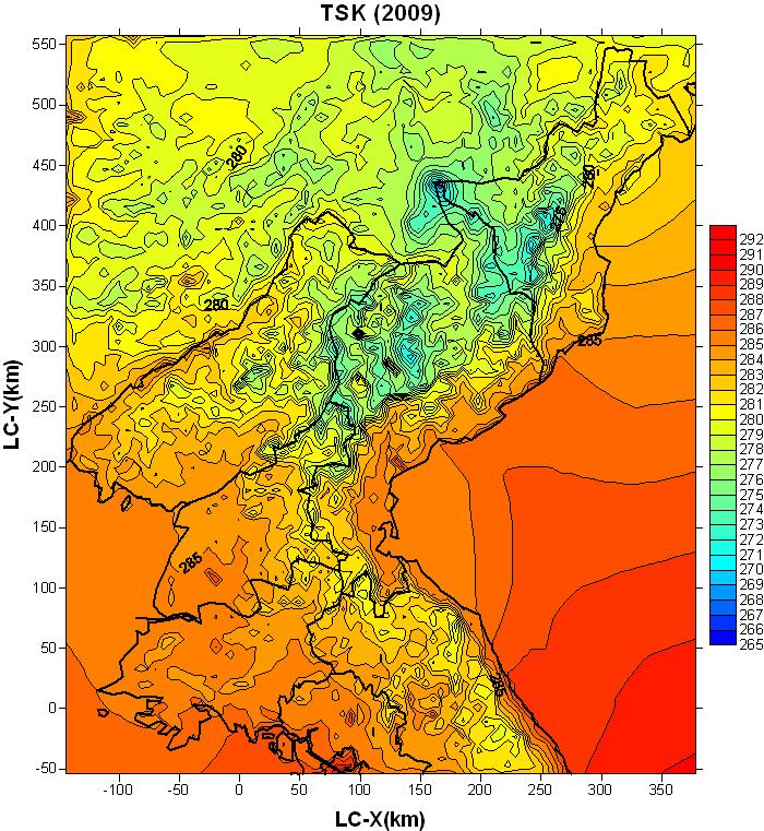북한지역에 대한 수평 연평균 지표기온 분포(2009년)