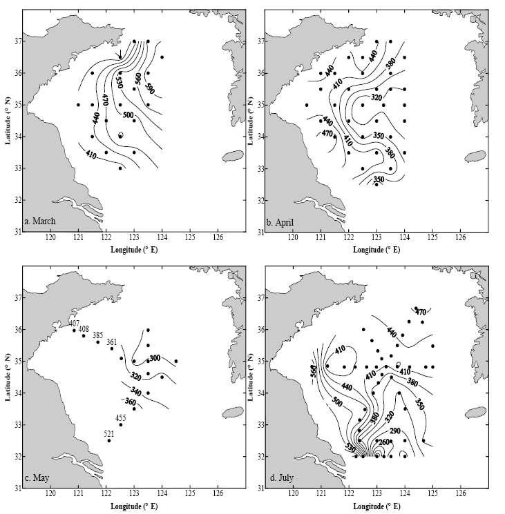 황해 표층해수의 pCO2 (μatm) 분포(a) 2005년 3월, (b) 2006년 4월, (c) 2005년 5월, (d) 2001년 7월