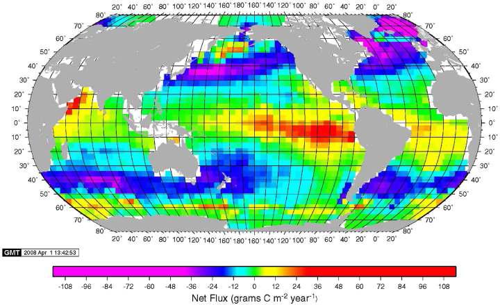 전지구 해양의 이산화탄소 연평균 플럭스 분포