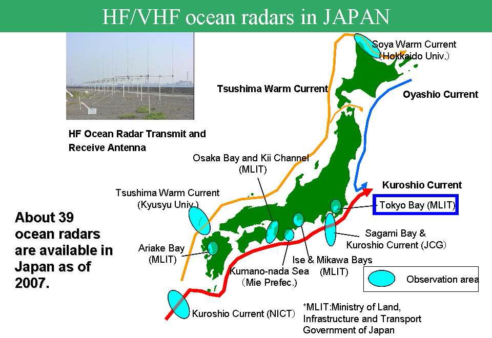일본의 실시간 파고 및 해수유동 관측망(약 39의 HF-Radar 시스템 설치 운영 중)