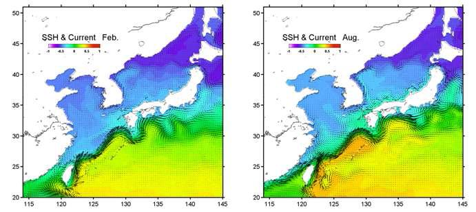 20년 동안 spin-up된 그림3의 모델 결과 중 2월과 8월의 해류 분포