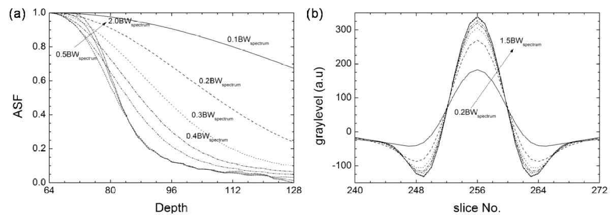 필터 최적화 결과. (a) Spectrum 필터의 대역폭을 조절한 경우의 ASF와 (b) Profile 필터의 대역폭을 조절한 경우에 대해 얻은 중심 단면의 profile.