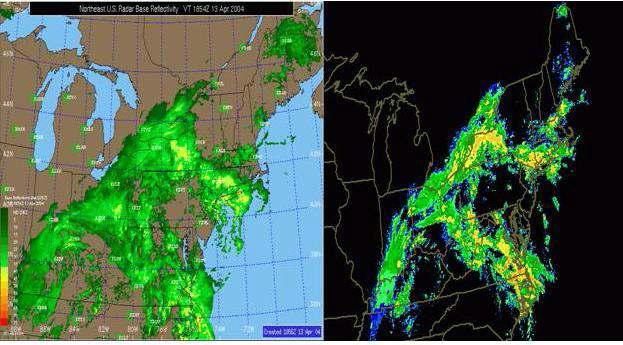 Example of MAPLE output from a convective complex in theNortheast United States. Left panel is actual data, right panel is 4 hr forecasted radar image valid at the time of the left panel.