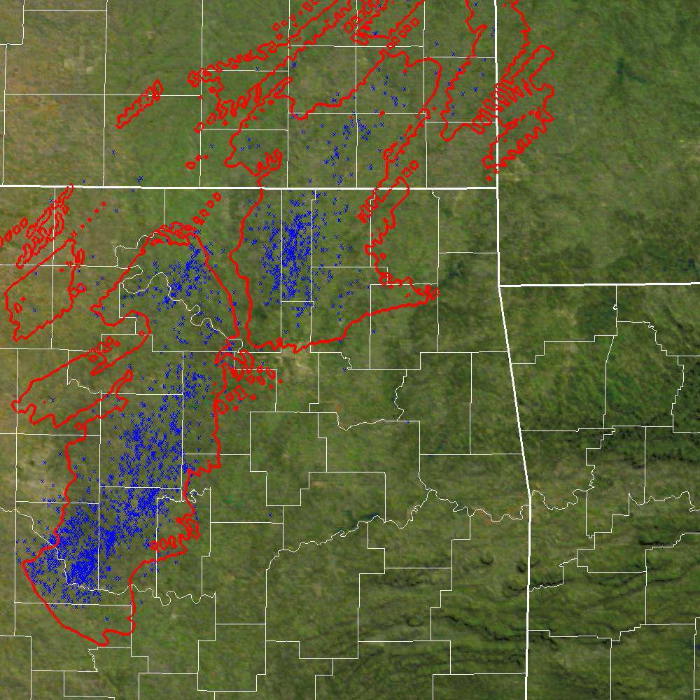 Red polygons show predicted 30 minute high frequency lightningthreat area, blue dots are actual lightning strikes that occurred during that time frame.