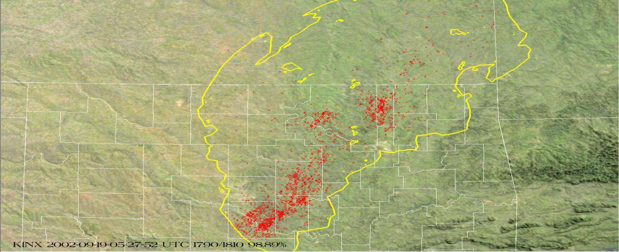 Yellow polygons show predicted 30 minute moderate frequencylightning threat area, red dots are actual lightning strikes that occurred during that time frame.