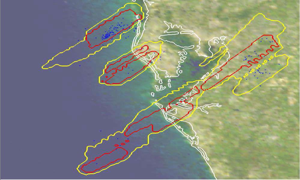 Yellow polygons show predicted 30 minute moderate frequencylightning threat area, red polygons show predicted 30 minute high frequency lightning threat area, blue dots are actual lightning strikes that occurred during that time frame. This event was characterized by small scale convective storms.