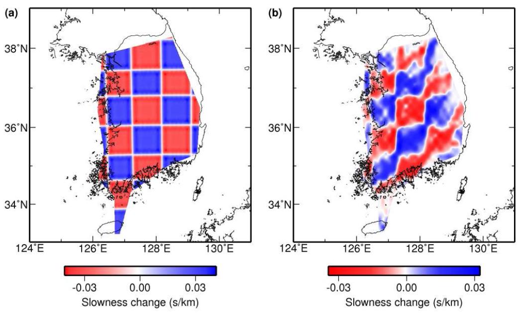 Synthetic checkerboard resolution test. (a) Theoretical model which is composedof square cells of 80 km in length with ±0.03 s/km slowness alternation. (b) Inversion result for the scheme of square inversion cell with a size of 12 km in length and with damping value 100.