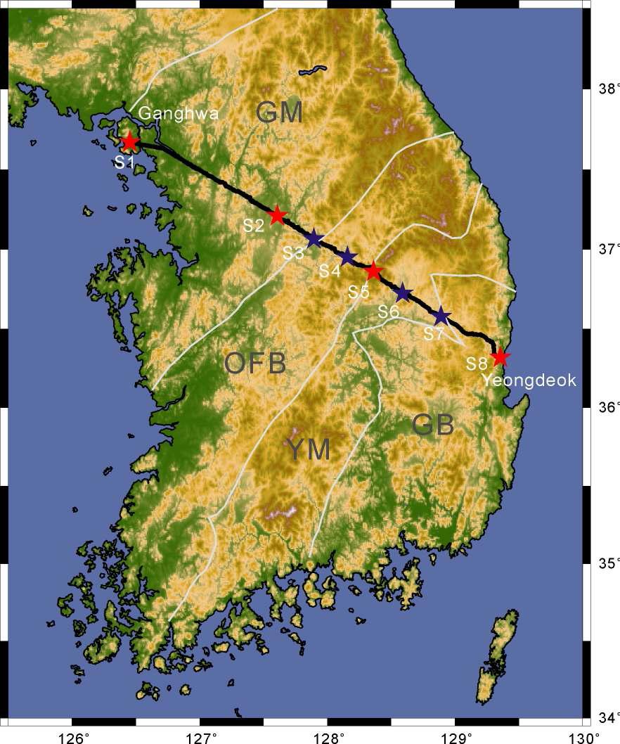 Location of the crustal wide-angle reflection and refractionexperiment profile in the southern Korea in 2008.