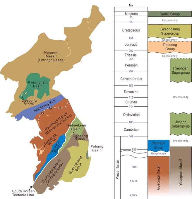 Major tectonic features and stratigraphy of the Korean peninsula