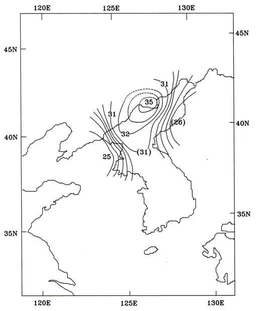 Distribution of crustal thickness inkm in northern Korea