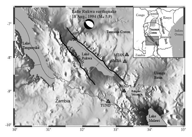 Map of the Rukwa rift showing the location of the 18 August 1994 LakeRukwa earthquake (star) and seismic stations of the 1994-95 Tanzania broadband seismic experiment (triangles).