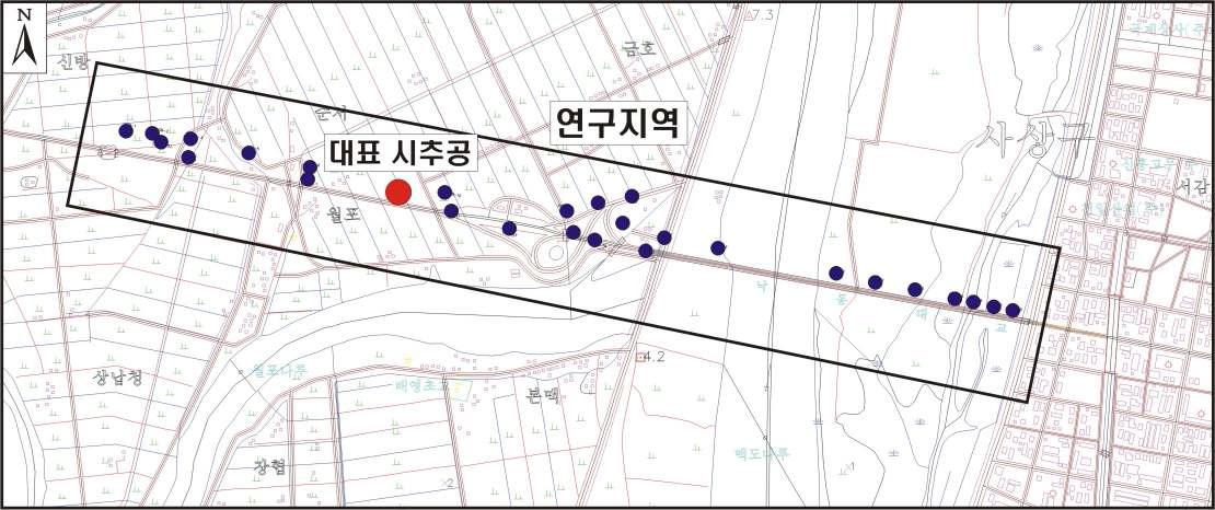 부산광역시 사상구 남해고속도로 공구 지역의 시추공 위치 및 대표 시추공
