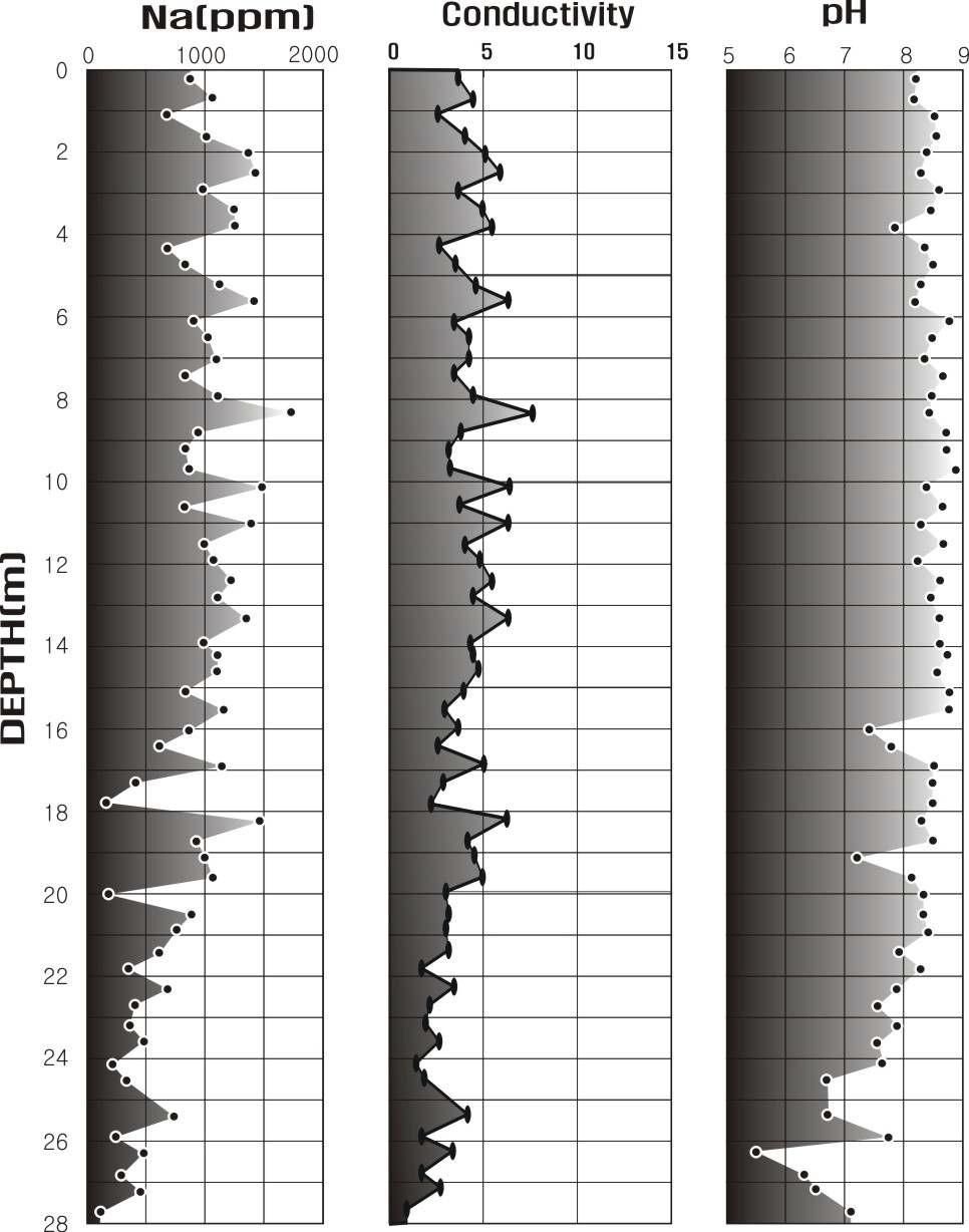 심도에 따른 지화학적 특성 분포도