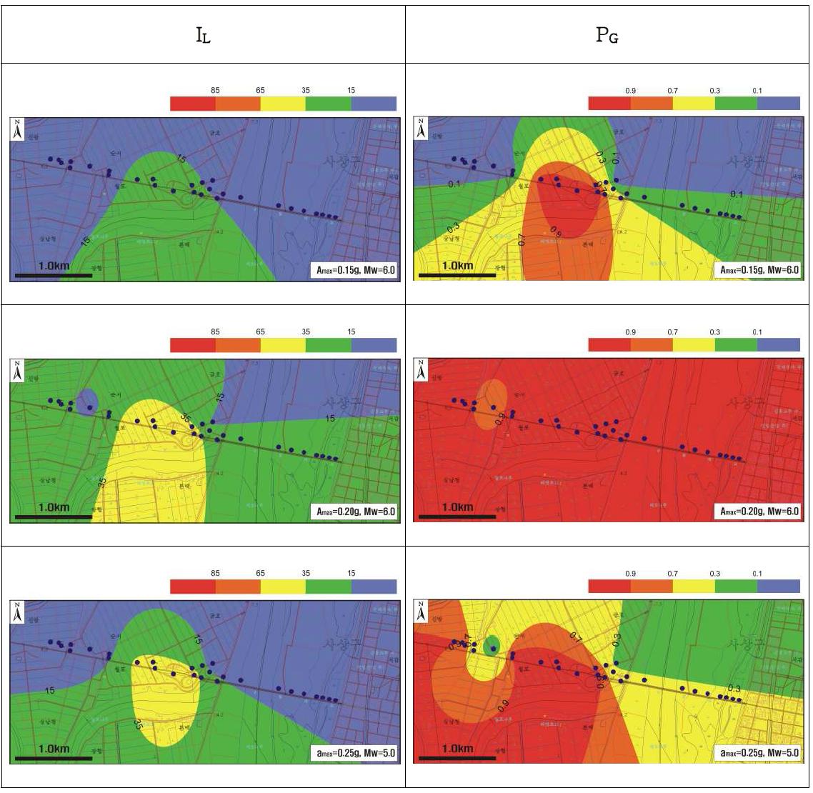 남해고속도로 지역의 콘관입저항치(qc)를 사용한 IL 와 PG 의 지진 규모에따른 액상화 예측지도의 비교