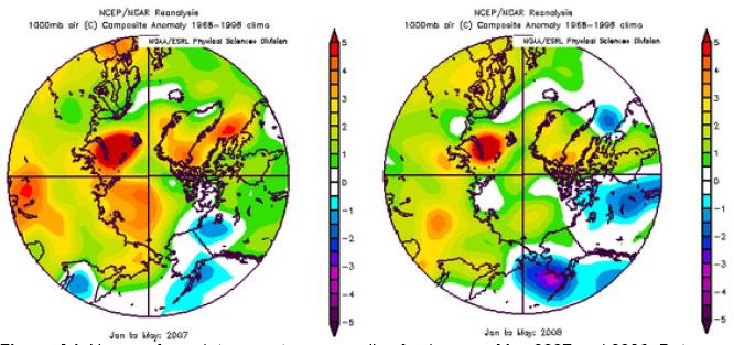 북극지역 동계(1~5월) 지표면 평균기온 비교(2007/2008)