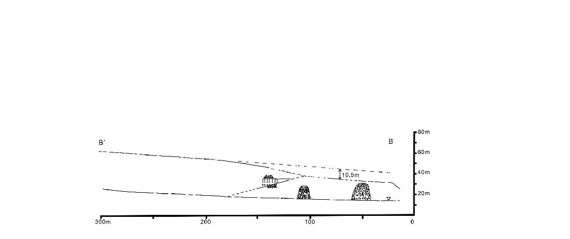 마동2N 단층에 의한 하안단구 지형변위를 보여주는 고위면 종단면도 및 단층노두 위치 (윤순옥 과 황상일, 1998)