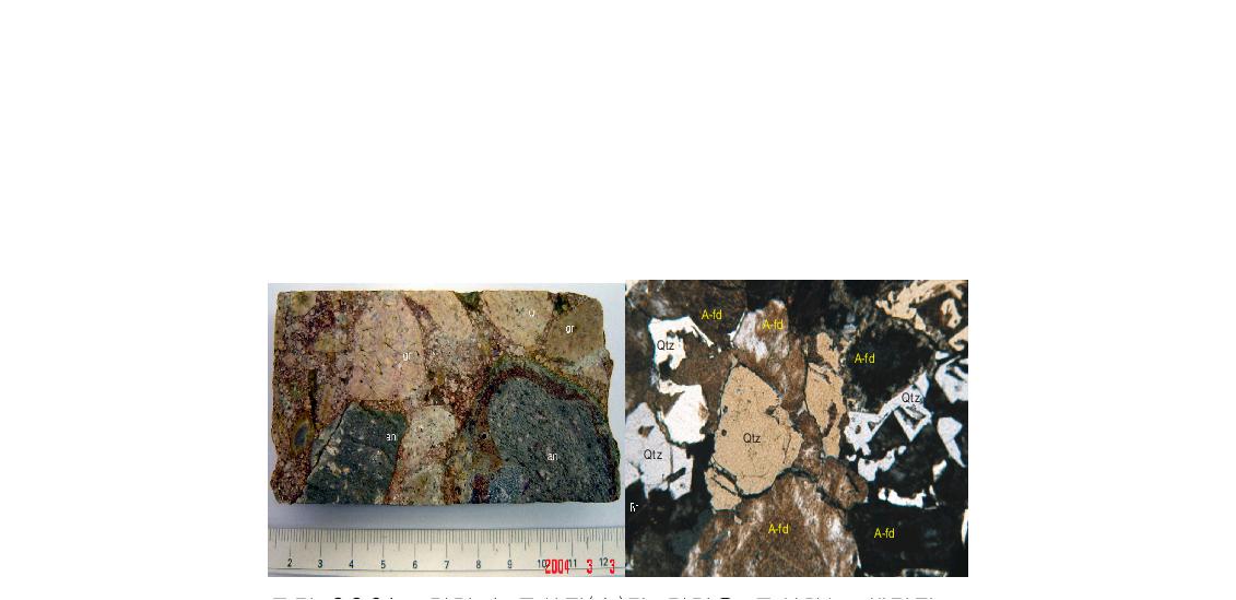 거력 노두사진(左)과 거력을 구성하는 세립질 화강암의 편광현미경 사진(右) (현미경 사진의 가로길이: