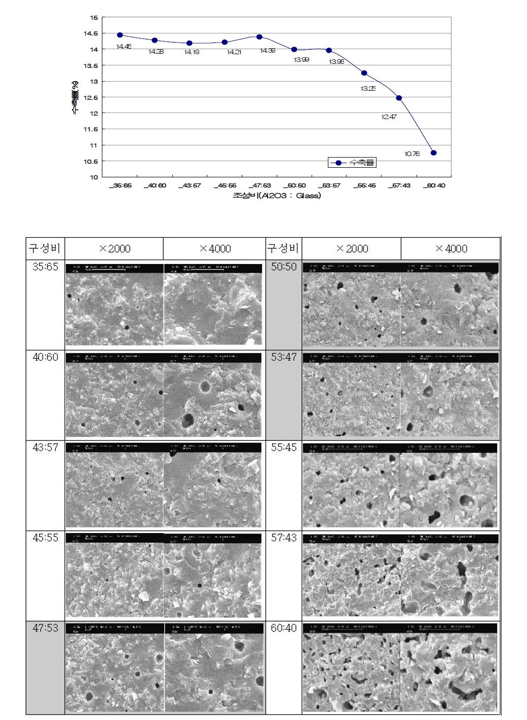 소성 후 조성별 (알루미나 : Glass 분말 비율) SEM 내부 조직