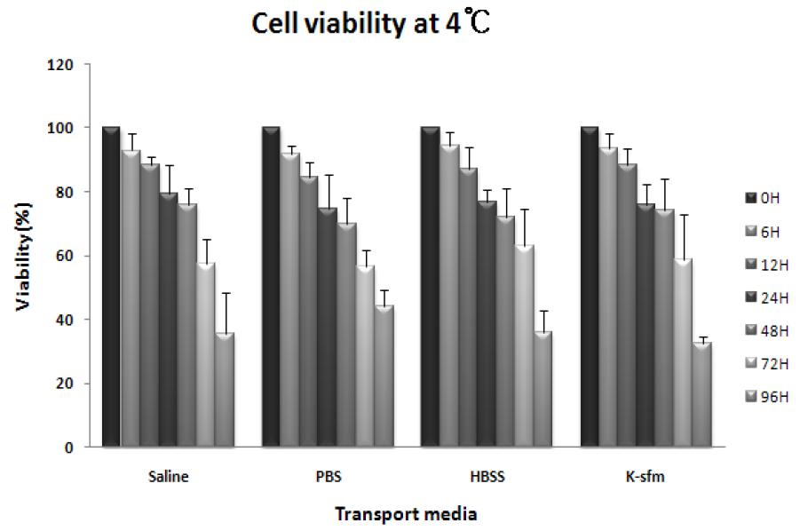운송 배지별 세포 생존율 변화-4℃