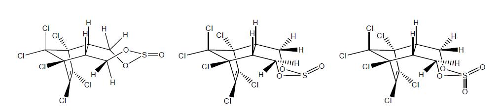 α-Endosulfan, β-endosulfan 및 endosulfan-sulfate의 화학 구조식