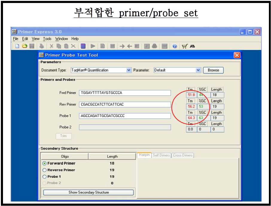 그림22. Primer Express 3.0을 이용한 primer/probe 선정