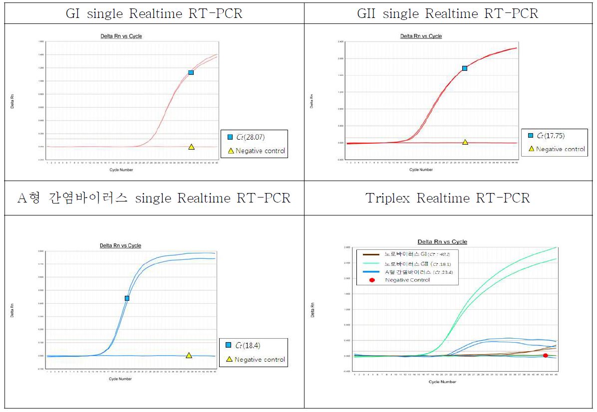 그림35. 온도조건 A에서의 Single Realtime RT-PCR과 Triplex Realtime RT-PCR 결과