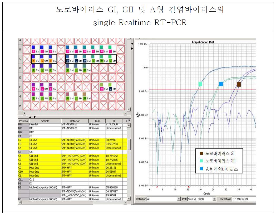 그림38. 7900 Fast system 장비를 이용한 노로바이러스 GI, GII 및 A형 간염바이러스의 Single Realtime RT-PCR 결과