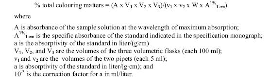 비흡광계수를 이용하여 색소물질의 함량을 계산하는 JECFA의 일반 공식