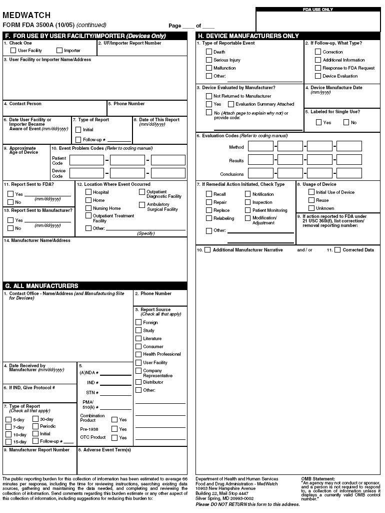 미국의 부작용 보고 양식 Form 3500A(후면)