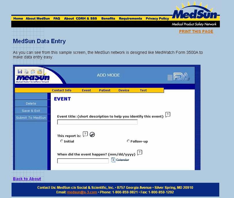 MedSun의 인터넷 시스템을 통한 의료기기 부작용 보고 자료 입력화면