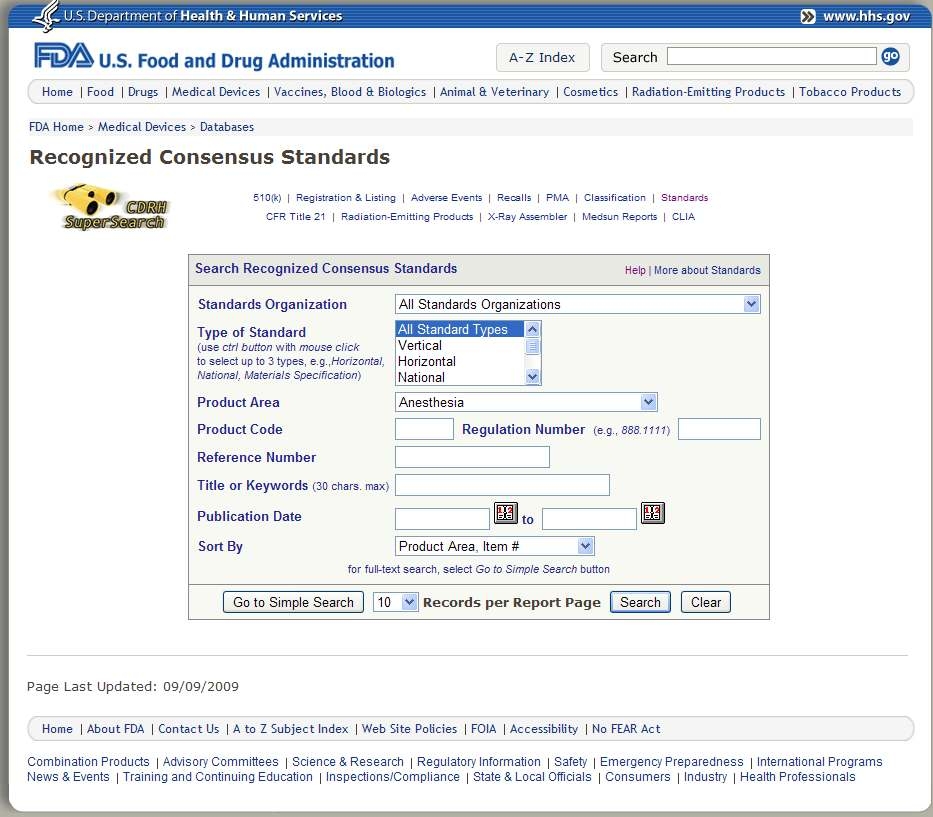 FDA Medical Devices-Device Regulation and Guidance-Standards (Medical Devices) -FDA Recognized Consensus Standards Database