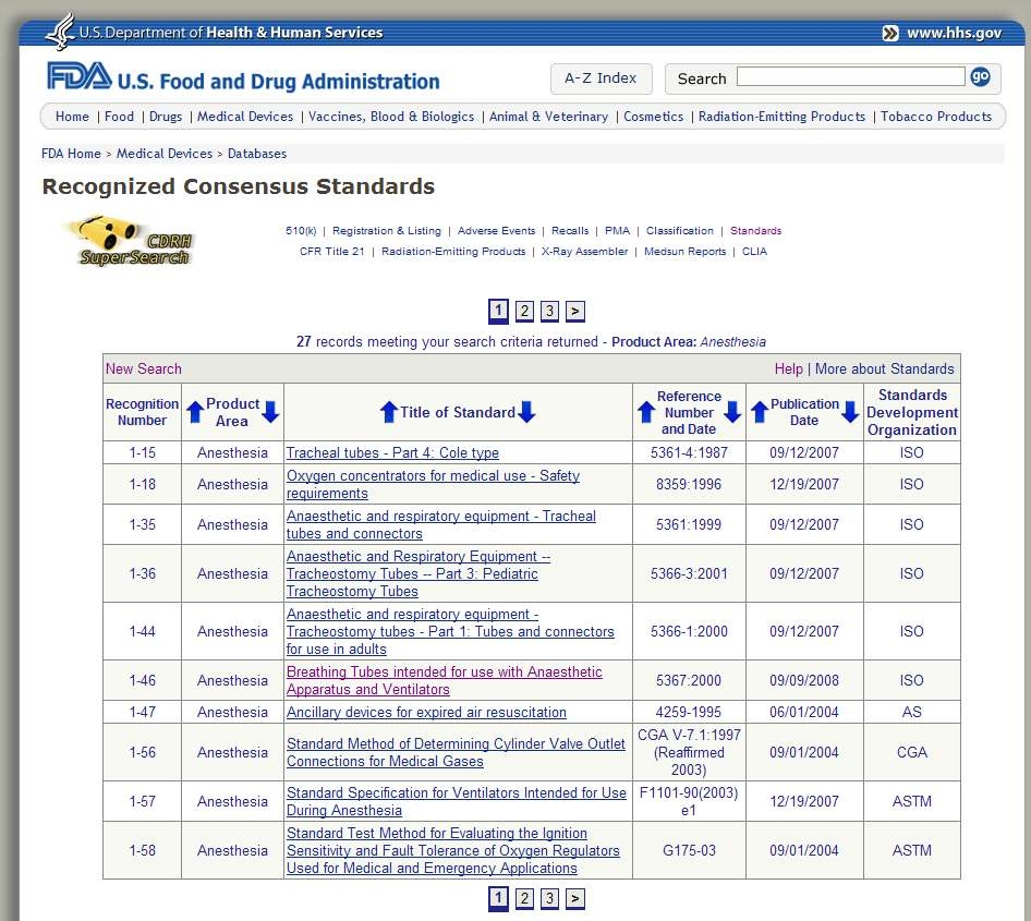 FDA Medical Devices-Device Regulation and Guidance-Standards (Medical Devices) FDA Recognized Consensus Standards Database