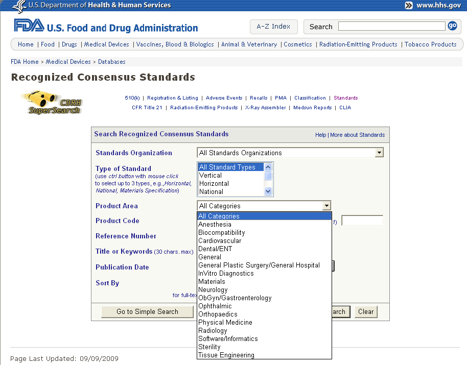 FDA- Medical Devices-Databases-Recognized Consensus Standards