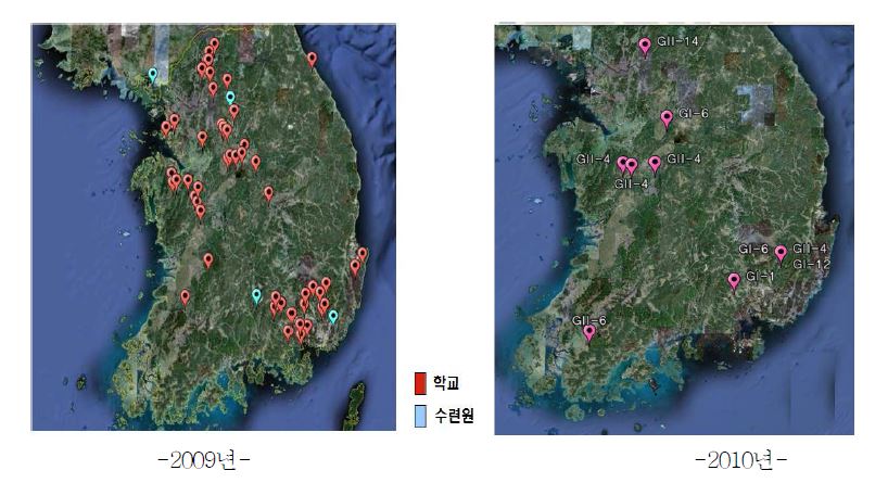 그림 21. 지도상의 노로바이러스 검출지역 (2010.1월-11월)