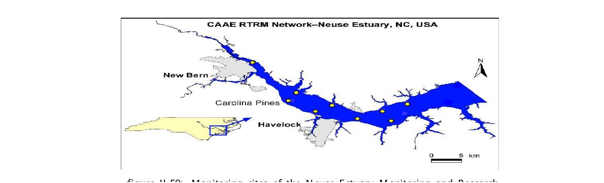 Monitoring sites of the Neuse Estuary Monitoring and ResearchProgram. Meteorological and hydrological parameters are monitored in real