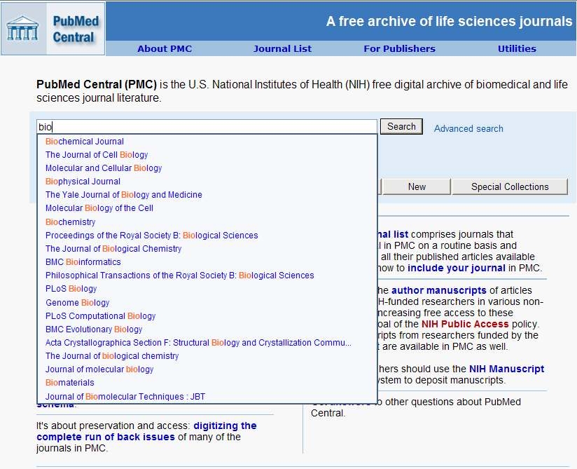 the Pubmed Centrals function of automatic recommending search words