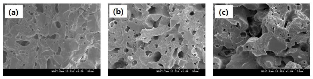 Typical fracture surfaces of porous mullite-bonded SiC ceramics sintered at 1400℃ for 2 h in air with various template contents