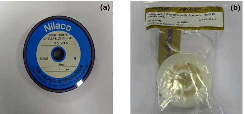 제품화된 기존의 인듐 금속 (a) Nilaco 사 (4N) (b) Alfa Aesar 사 (5N)