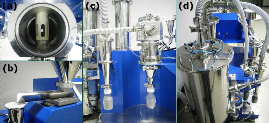 공기분급기의 세부모습: (a) rotor, (b) feeder, (c) separating zone & (d) cyclone