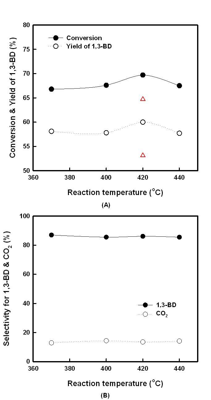반응온도 변화에 따른 1-부텐의 산화/탈수소화 반응결과, (A) 전환율, (B) 선택도.