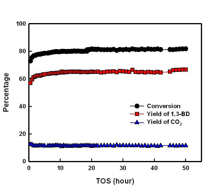BFM 촉매에서 1-부텐의 산화/탈수소화 반응의 장수명 평가결과.