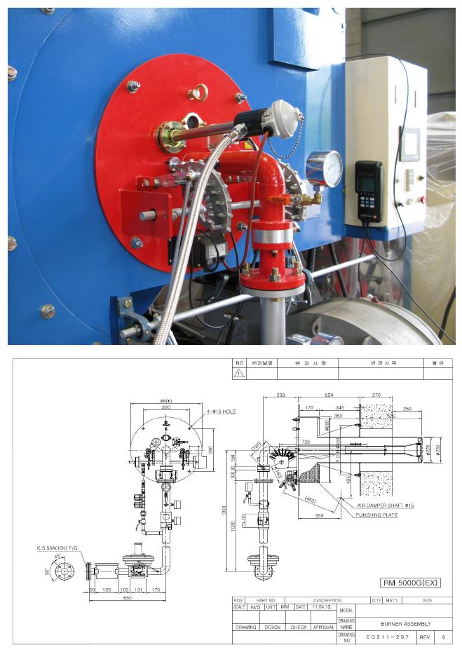 5t/h급 노통연관식보일러용 저 NOx 가스버너 제품 및 도면