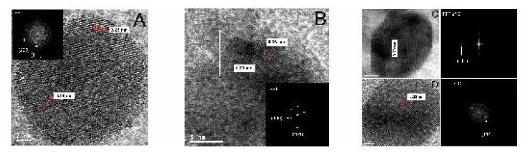 HRTEM micrographs and corresponding FFTs of Pt-Sn/Al catalysts. (A) and (B) Reduced. (C) At TOS=160 min (D) At TOS=240 min