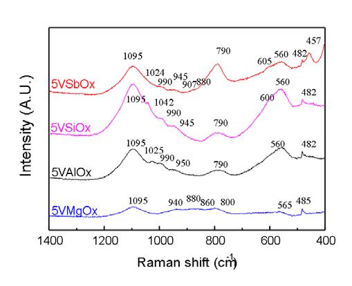 그룹 1 지지체를 이용한 촉매들의 Ramam spectra.